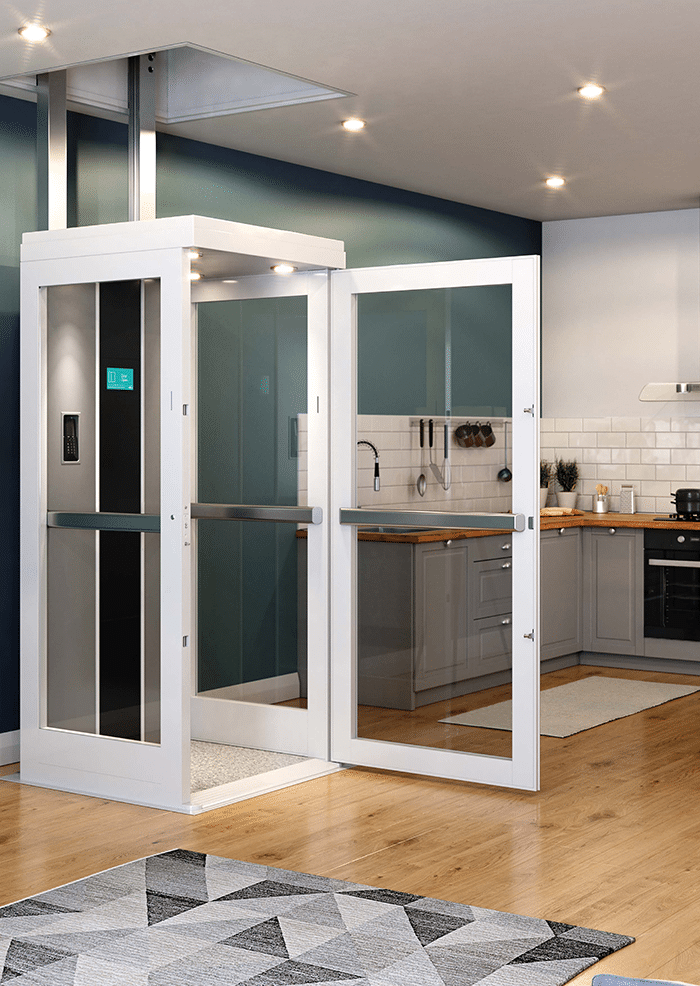 Ascenseur maison moderne Limoges - Installation élévateur PMR domicile Ascenseur résidentiel moderne avec portes vitrées installé dans une maison à Limoges, solution d'accessibilité PMR élégante et discrète