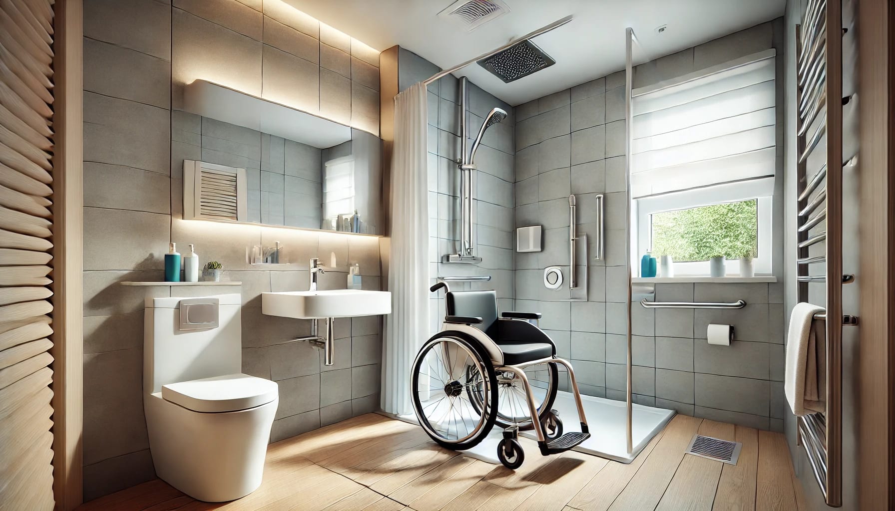 DALL·E 2024-06-28 11.43.54 - A modern, wheelchair-accessible bathroom. The bathroom features a roll-in shower with a fold-down seat and grab bars. The sink is mounted at a lower h