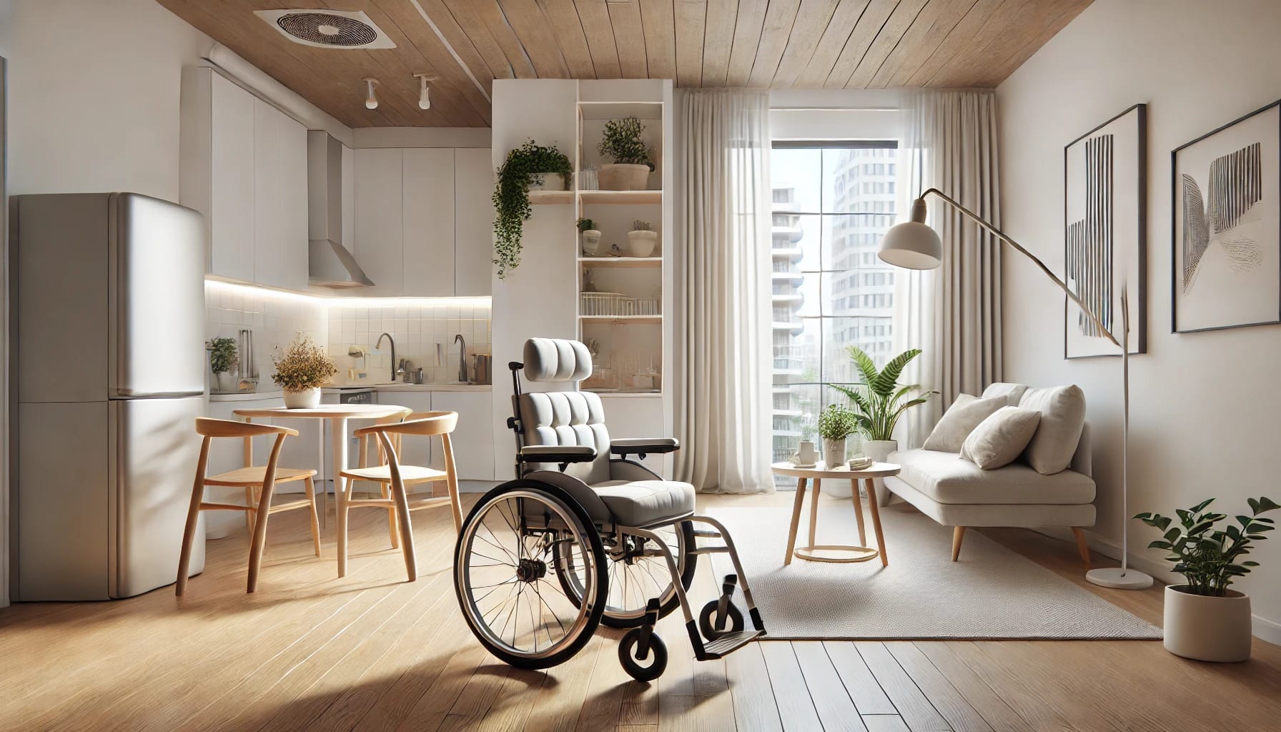 DALL·E 2024-06-28 11.53.18 - Un appartement accessible en fauteuil roulant avec un design simple et fonctionnel. Le salon comprend un canapé clair, une chaise confortable et une p